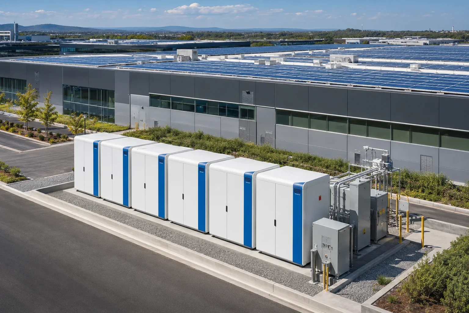 Konzeptdarstellung der Batteriespeicherung auf einem solarbetriebenen Fertigungscampus