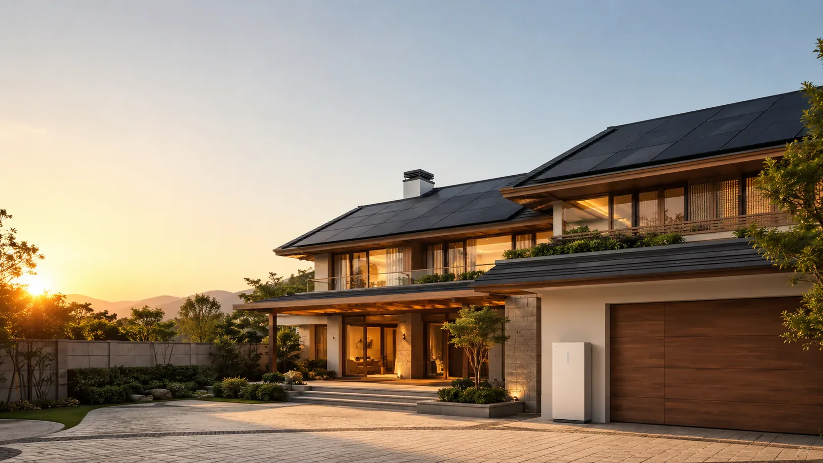 Concept visualisatie van een moderne woning met dakzonne- en residentiële batterijopslag