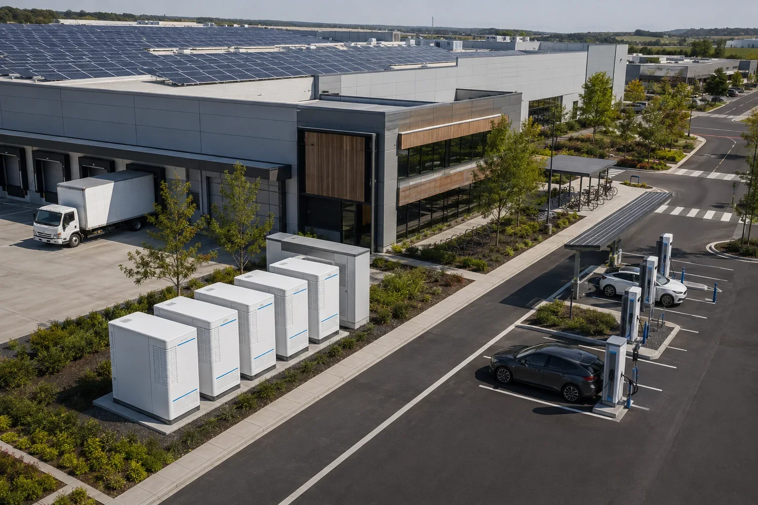 Konzeptdarstellung eines Energieparks mit Solar, Batteriespeicher und EV-Ladung