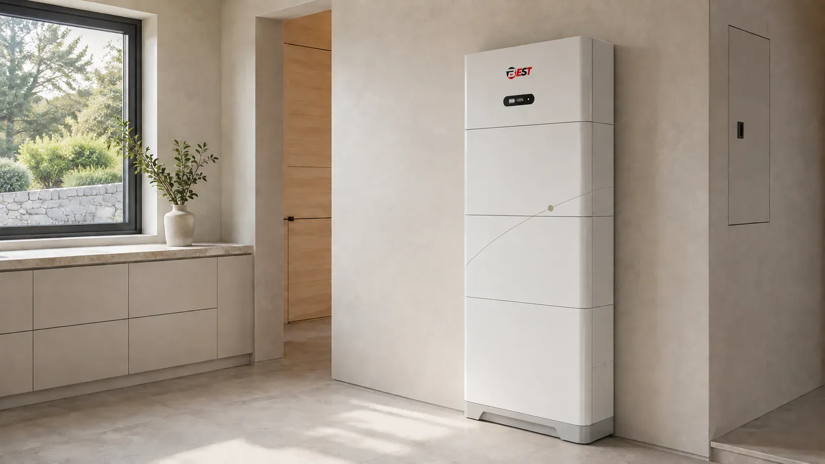 Concept visualisatie van een residentiële batterij geïnstalleerd in een bijkeuken