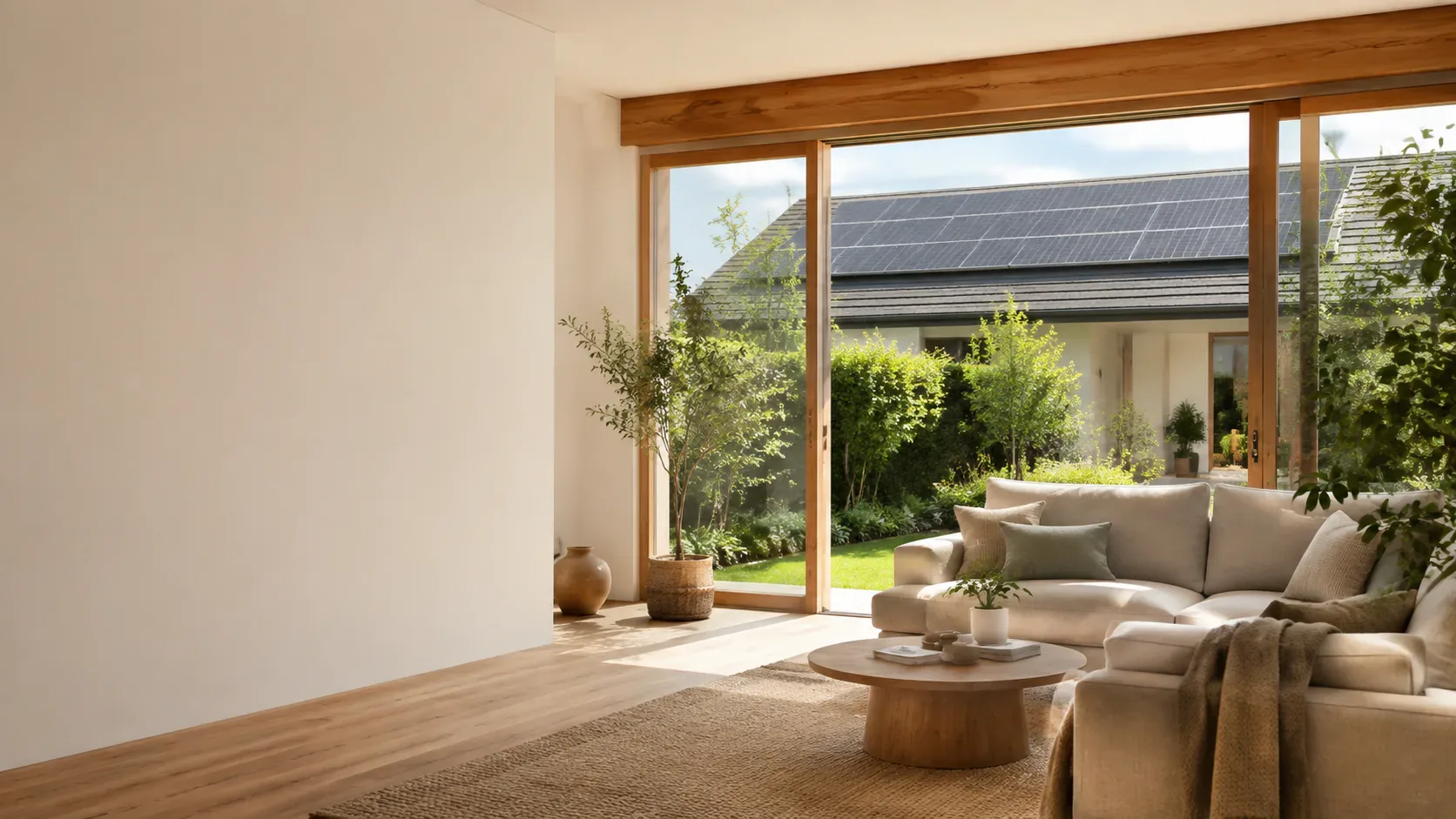 Concept visualisatie van een lichte woonkamer naast een met zonne-energie uitgerust huis