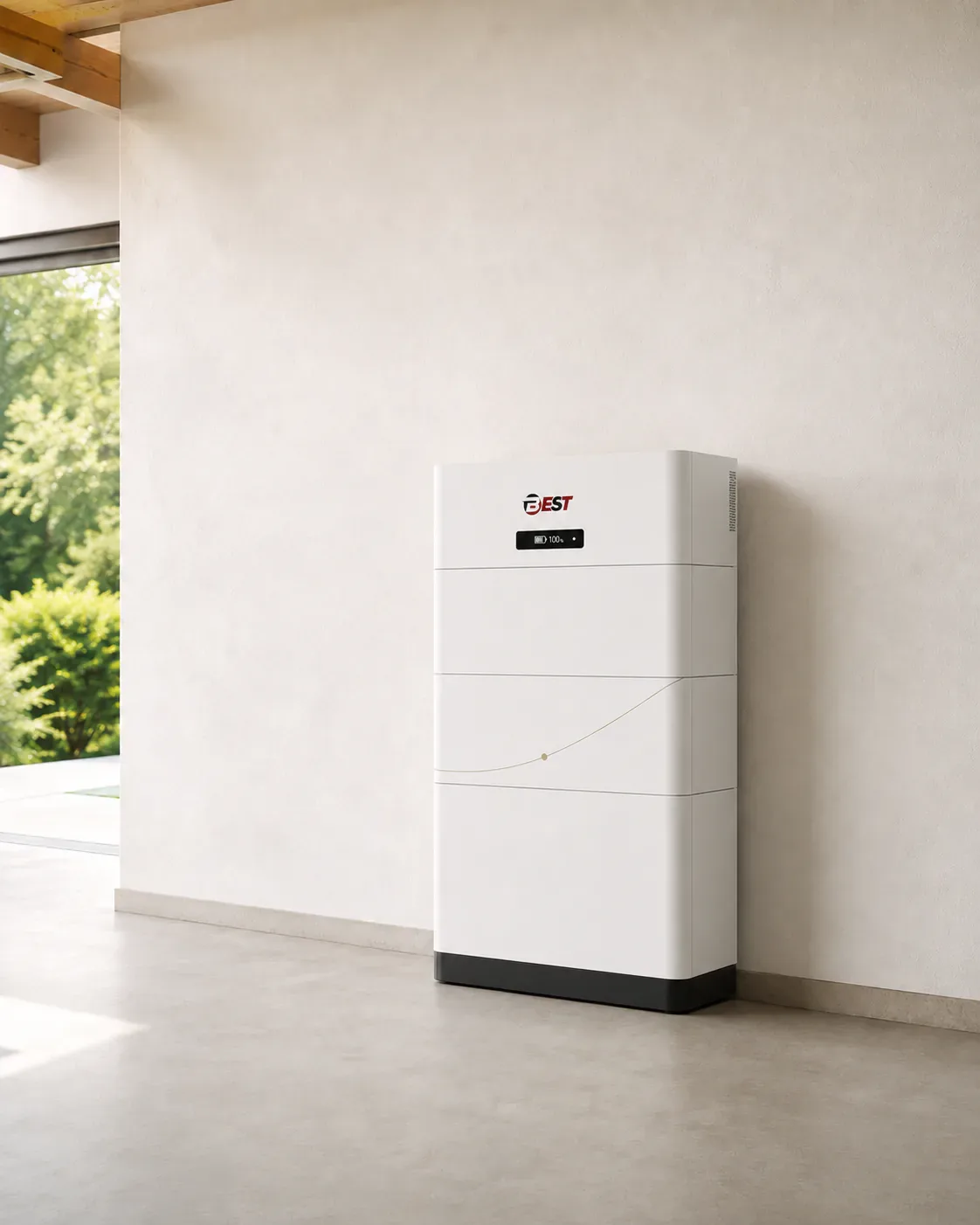 Concept visualisatie van een BestSolar residentiële batterij in een heldere nutsruimte