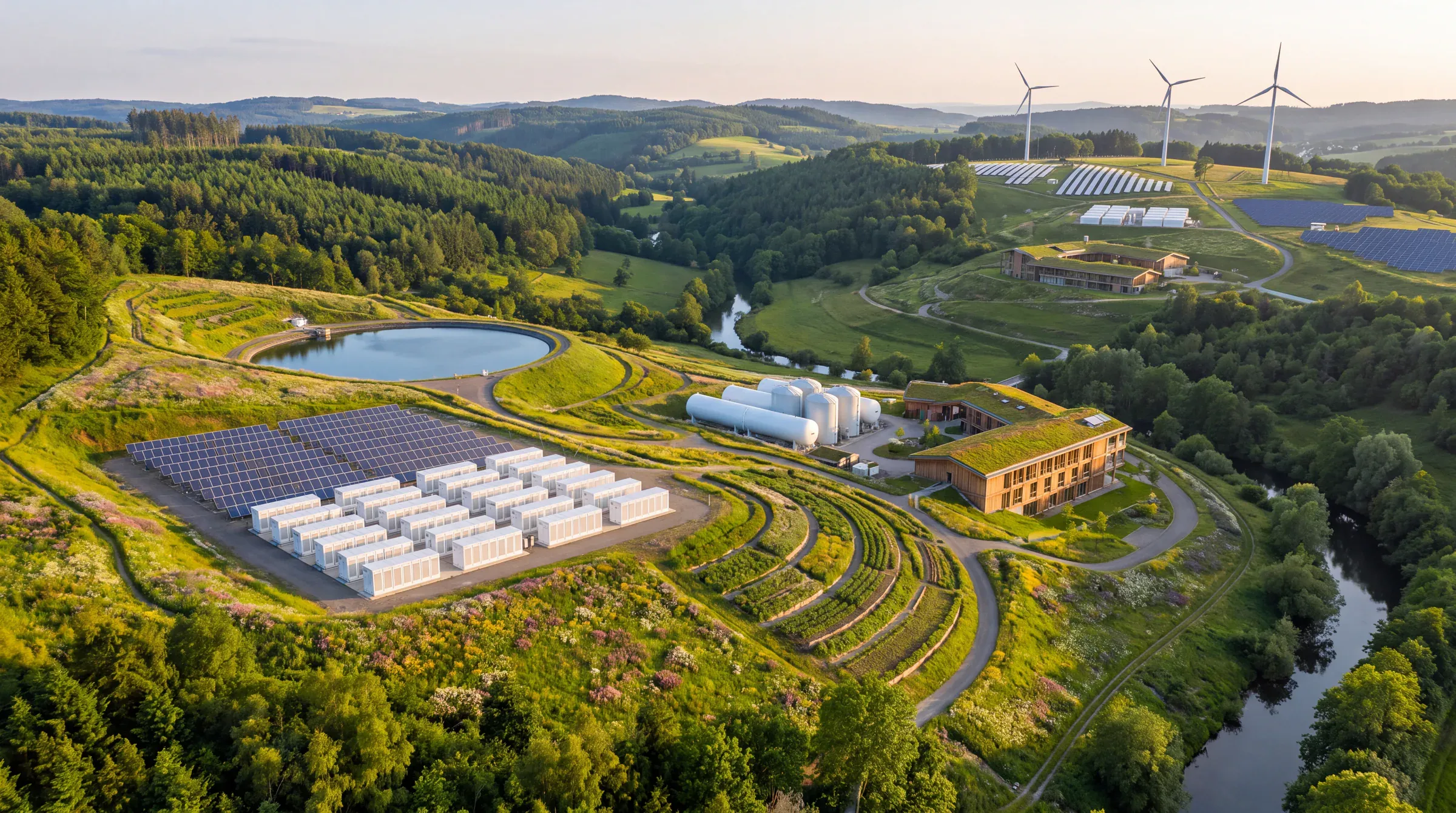 Solaranlagen, Windkraftanlagen und Batteriebehälter in einer grünen Landschaft