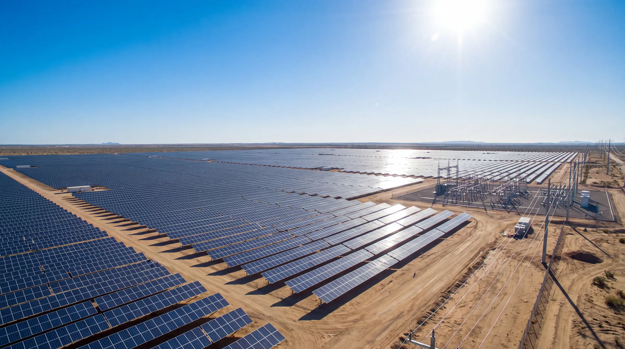 Luftaufnahme von Solaranlagen und elektrischer Infrastruktur in einer Wüstenlandschaft