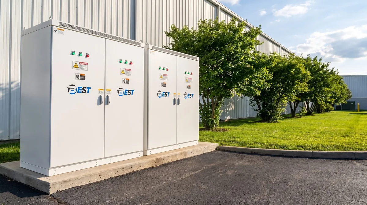 BestSolar outdoor battery storage cabinets beside a factory building