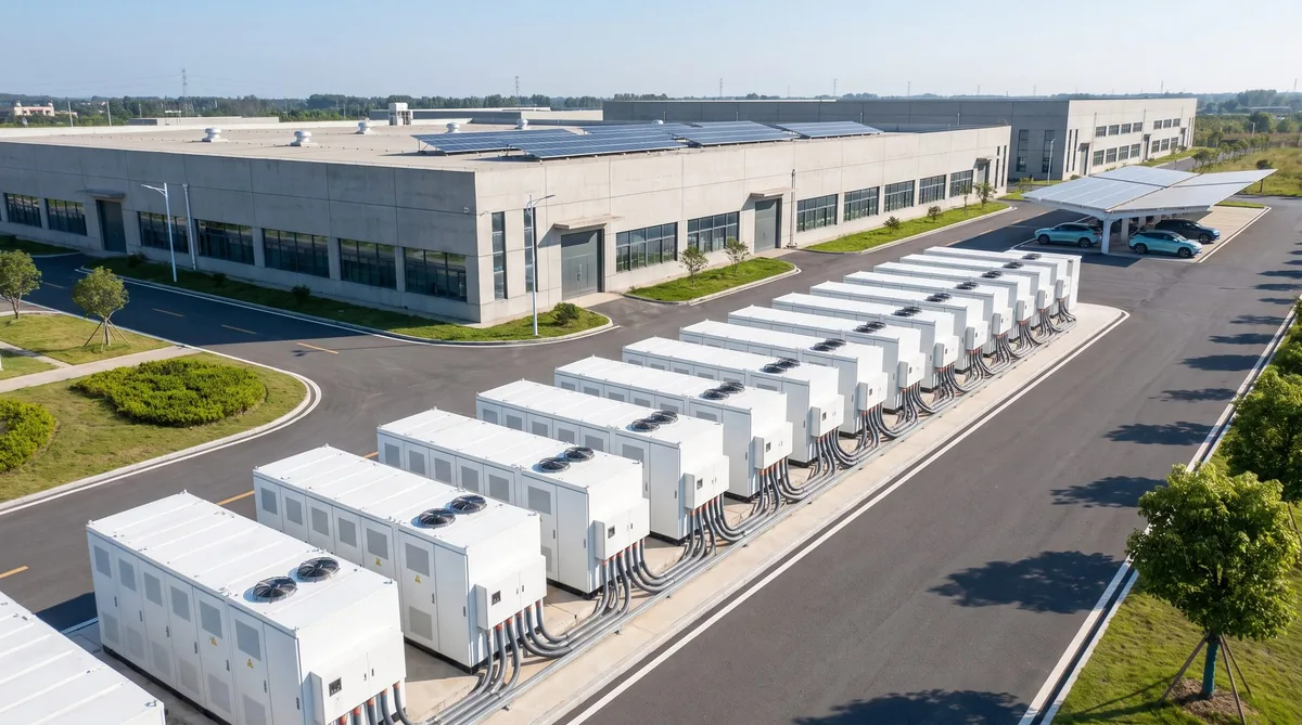 Rooftop solar panels and rows of battery storage cabinets at a commercial site